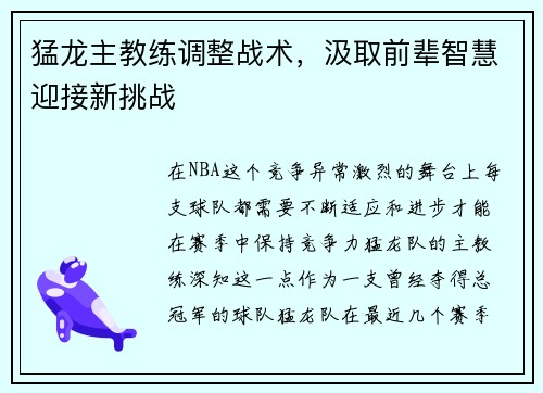 猛龙主教练调整战术，汲取前辈智慧迎接新挑战