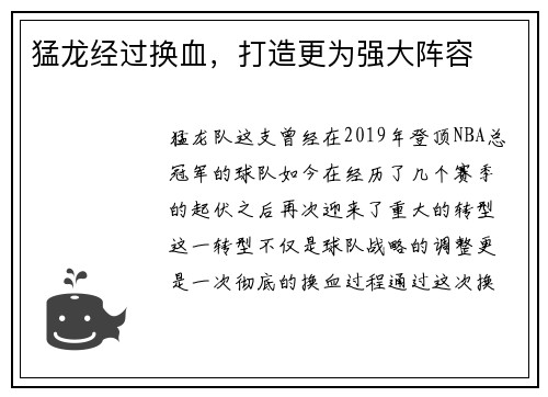 猛龙经过换血，打造更为强大阵容